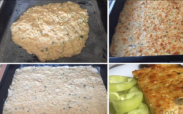 Herzhafter Zucchinikuchen: Zutaten vermischen, aufs Blech geben und backen. Fertig!