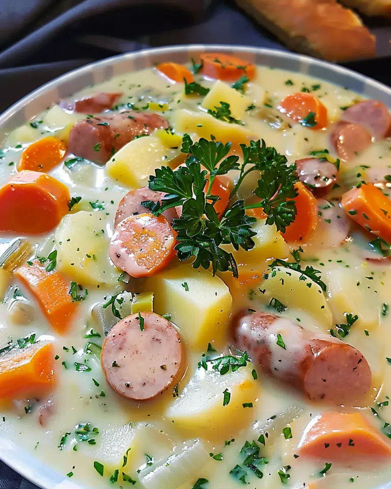 Kohlrabikartoffelmohrrübeneintopf mlt Wiener Würstchen