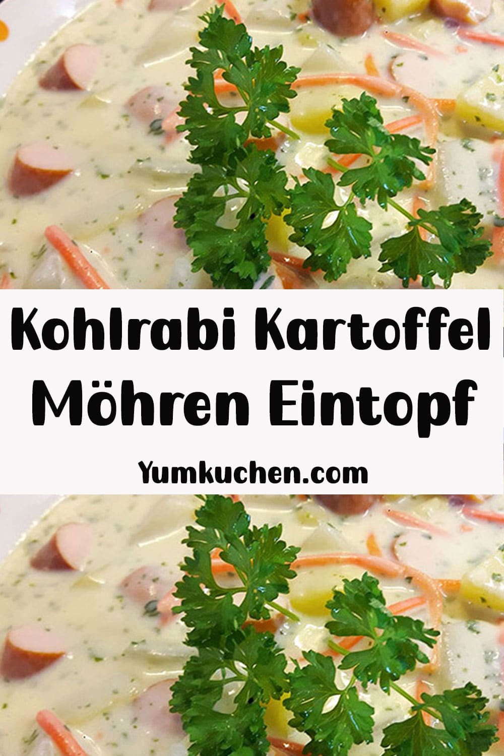 Kohlrabikartoffelmohrrübeneintopf mlt Wiener Würstchen