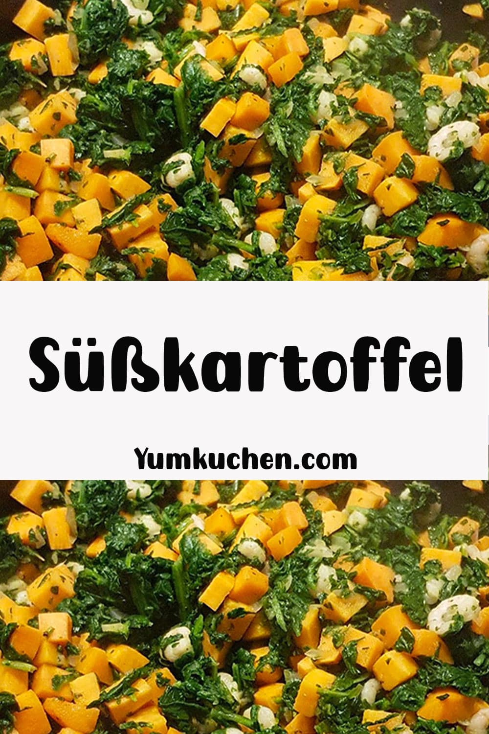 Süßkartoffel-Pfanne mit Garnelen und Spinat