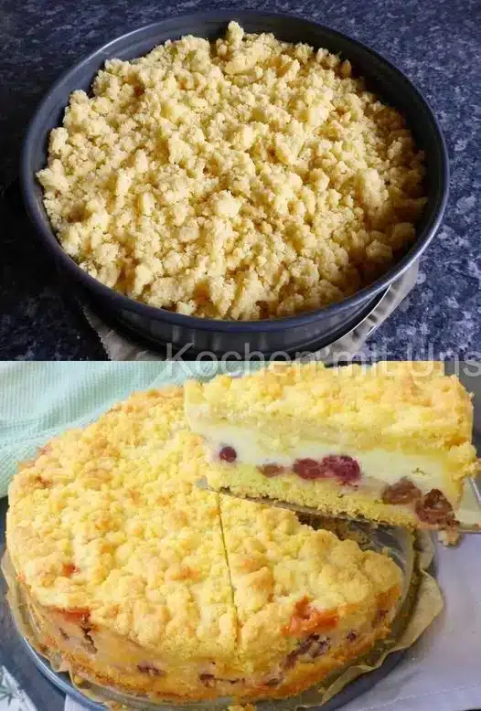 Quark Streuselkuchen mit Vanille Kirschfüllung