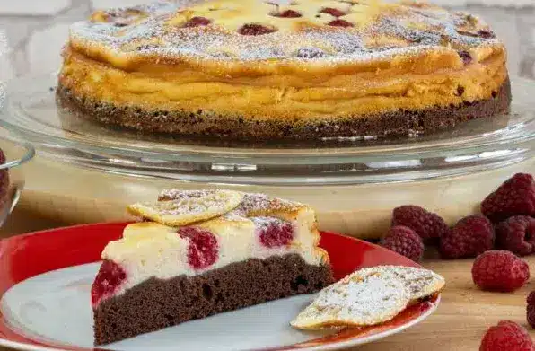 QUARKKUCHEN MIT HIMBEEREN UND SCHOKOBODEN