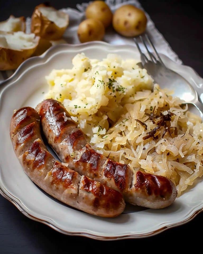 Bratwurst mit Sauerkraut und Kartoffeln