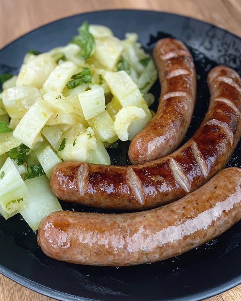 bratwurst, porreegemüse, neue kartoffeln mit bratfett