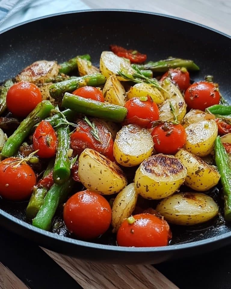 Gebratener grüner Spargel mit Kirschtomaten und Kartöffelchen