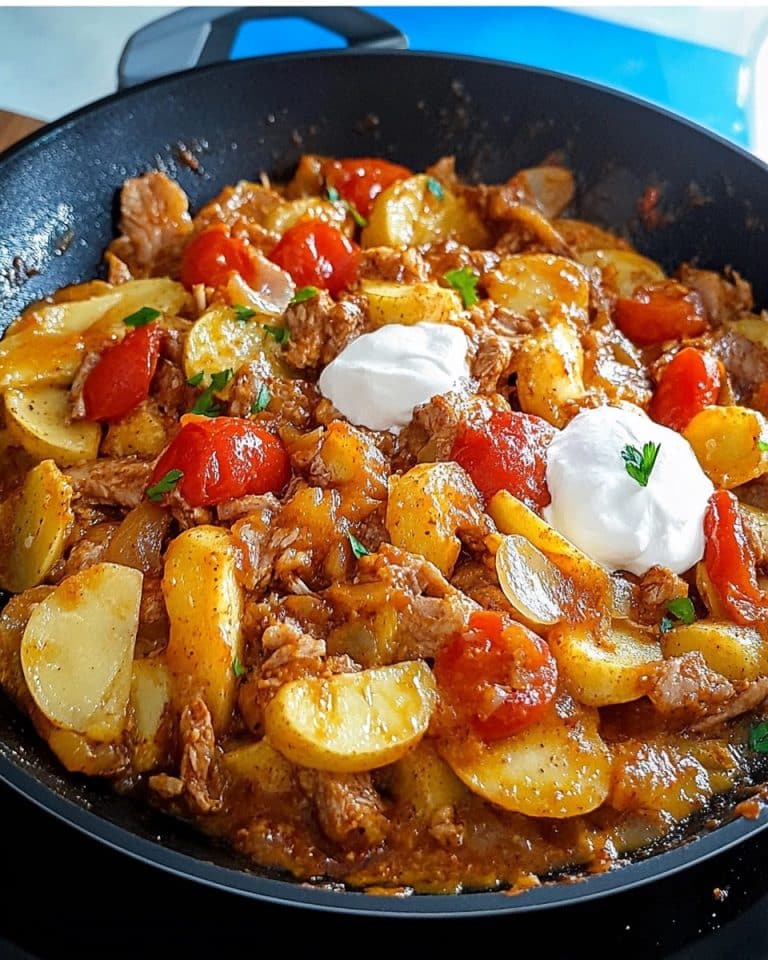 Kartoffel-Paprika-Pfanne mit Hackfleisch und Crème fraîche