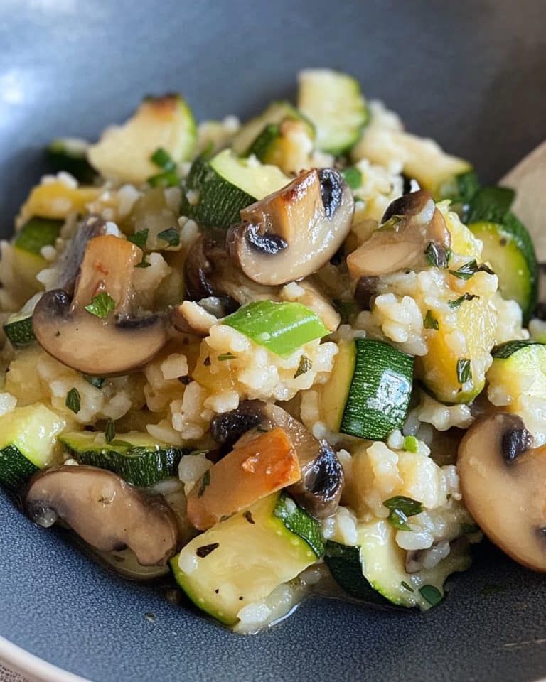 Reis mit Champignons und Zucchini in der Pfanne. Ein einfaches und leckeres Rezept.