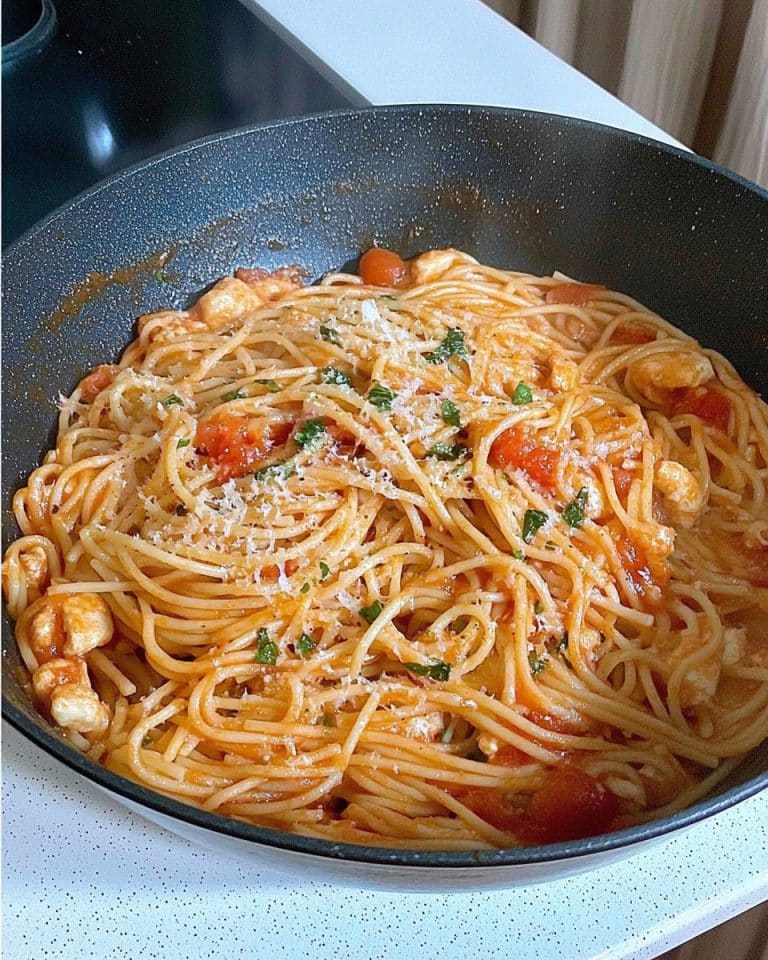 Spaghetti mit Hähnchenstücken und Tomaten