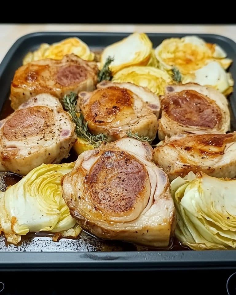 Weißkohlscheiben mit Schweinefleisch aus dem Ofen