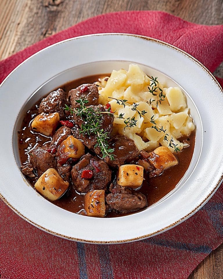 Würziges Hirschgulasch mit Zwiebeln und Pilzen