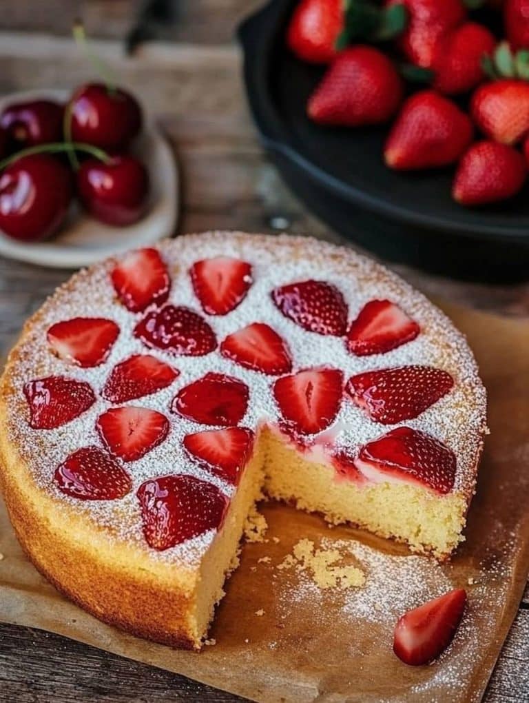 Biskuitkuchen mit Erdbeeren in 5 Minuten ein Tassenrezept