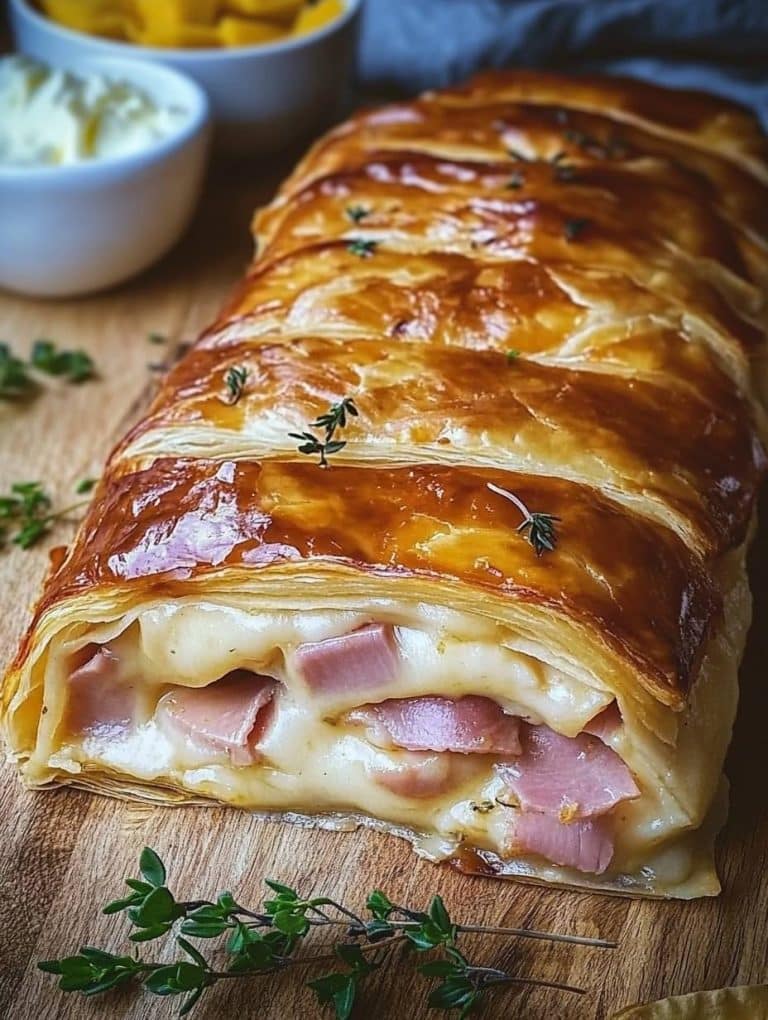 Gefüllter Blätterteigstrudel mit Schinken und Käse in 10 Minuten