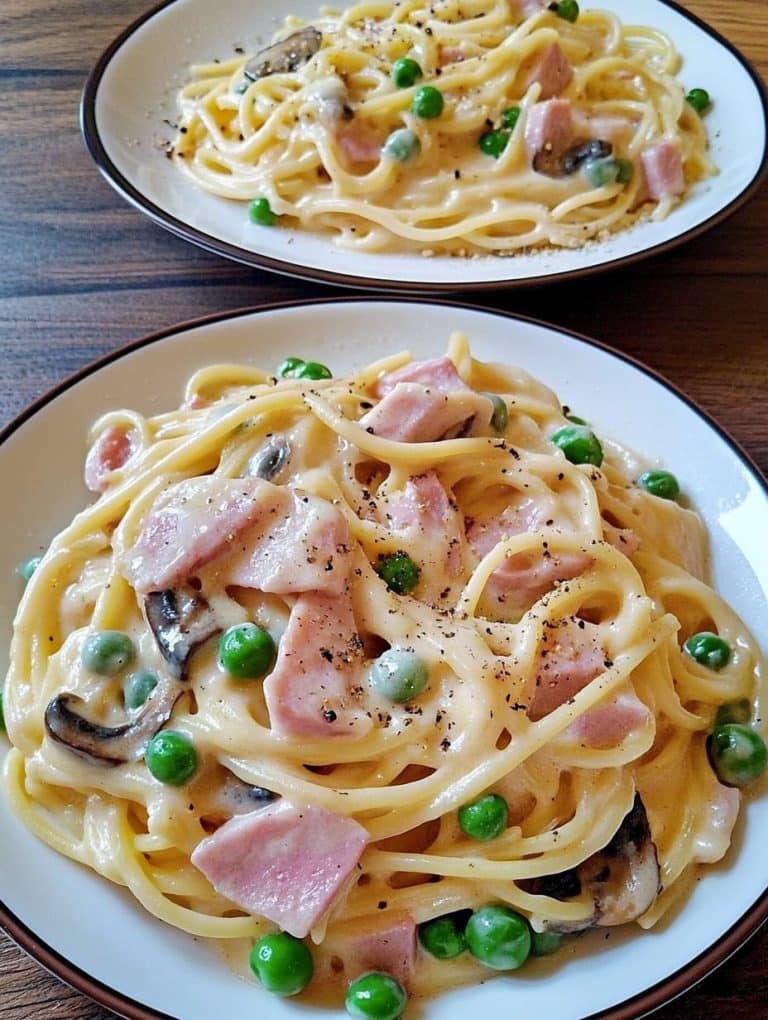 Spaghetti in Käse-Sahnesoße mit Schinken & Pilzen