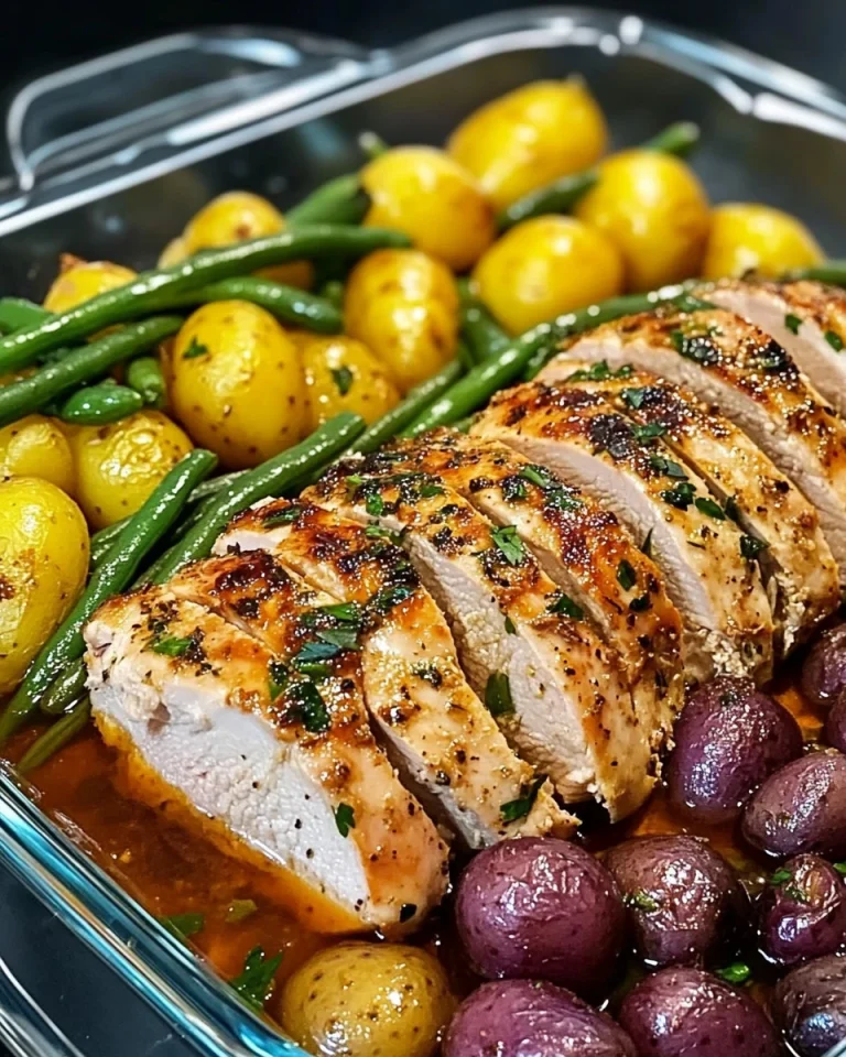 Ein-Pfannen Knoblauch Kräuterhühnchen mit Kartoffeln und grünen Bohnen