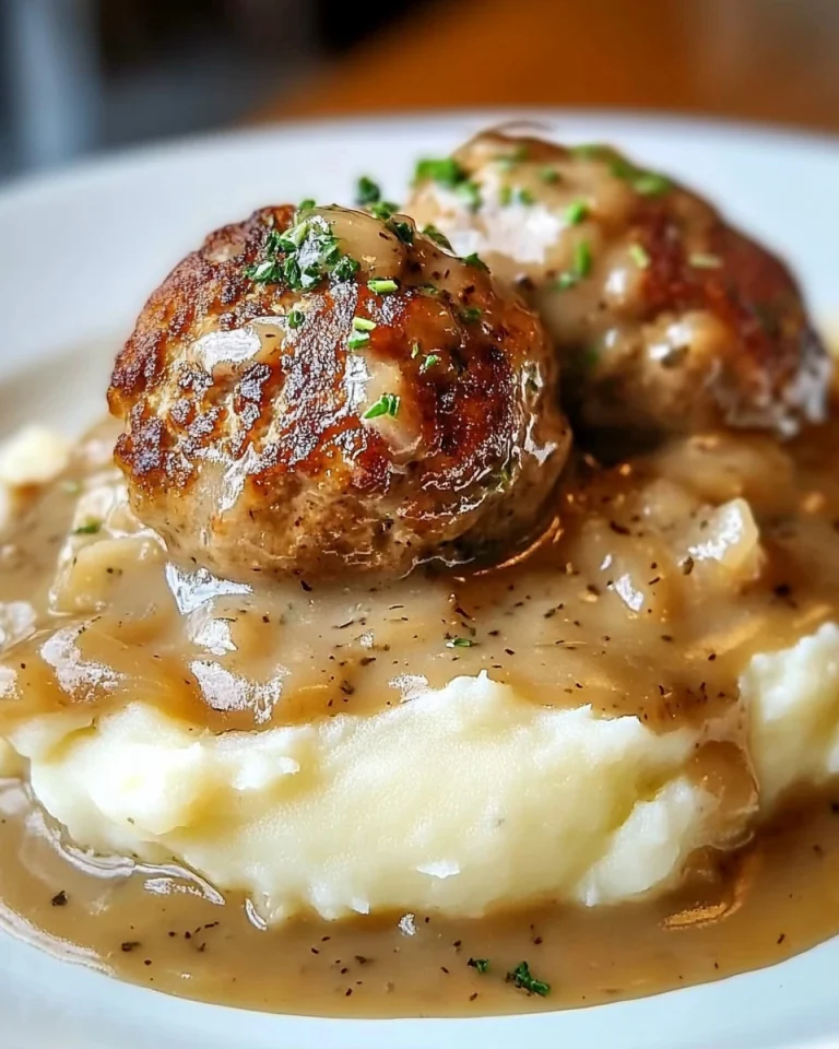 Frikadellen mit Kartoffelbrei und Zwiebelrahmsoße