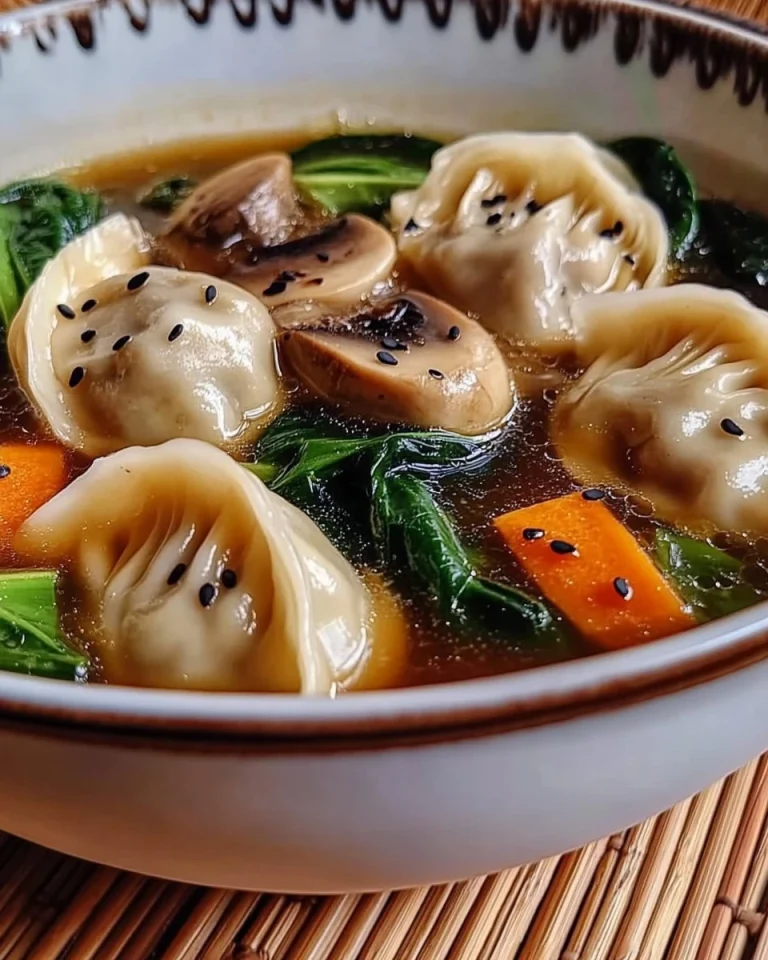 Potsticker-Suppe mit Pilzen und Bok Choy