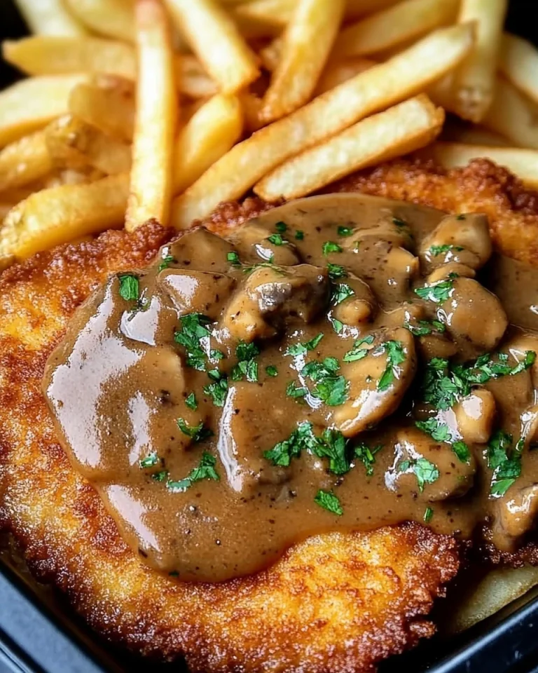 Schnitzel mit Jägersauce und Pommes
