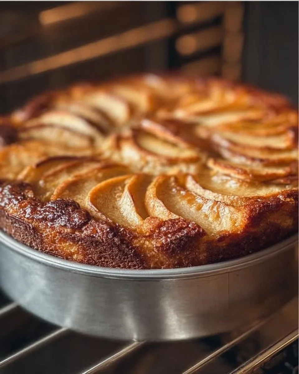 Hausgemachter Apfelkuchen mit frischen Äpfeln und Zimt darauf.