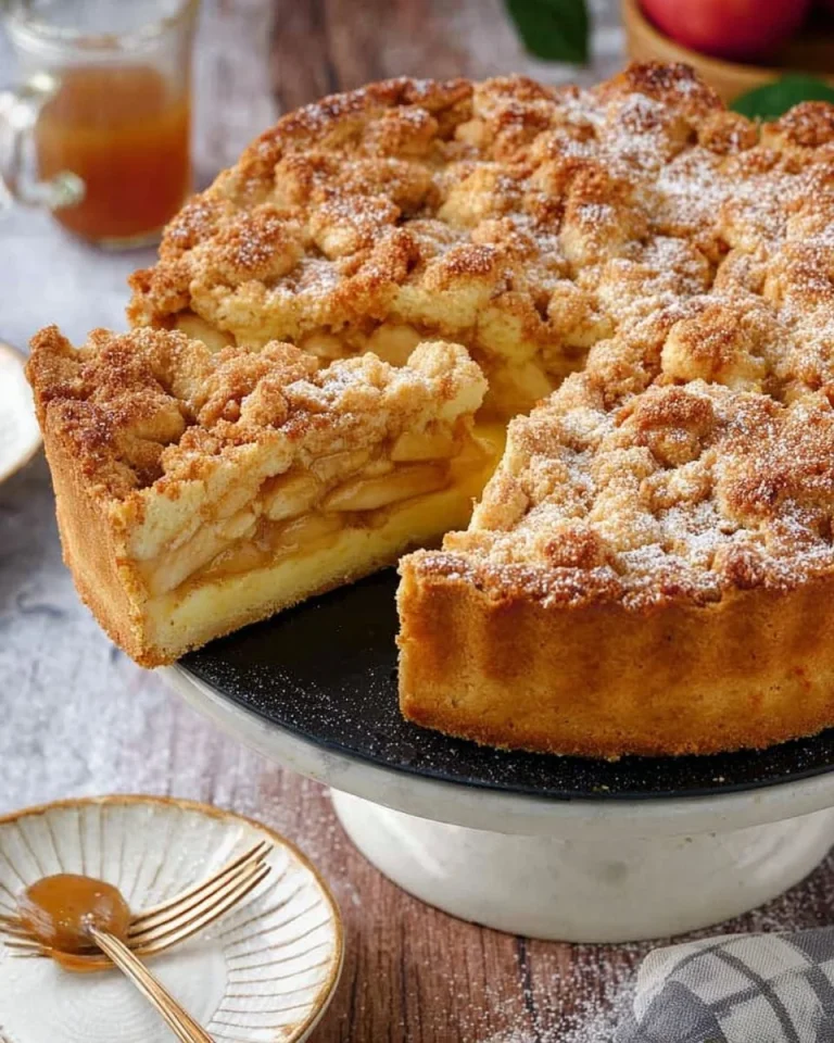 Saftiger Apfelkuchen mit Pudding und frischen Äpfeln auf einem Teller