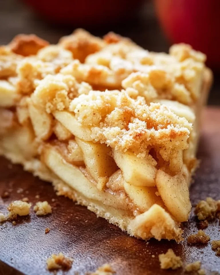 Ein köstlicher Apfelkuchen mit Streuseln auf einem Teller dekoriert.
