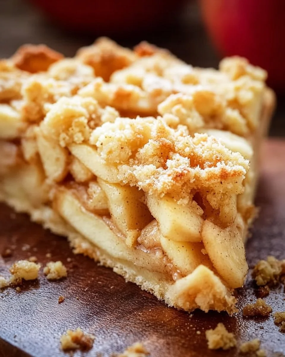 Ein köstlicher Apfelkuchen mit Streuseln auf einem Teller dekoriert.