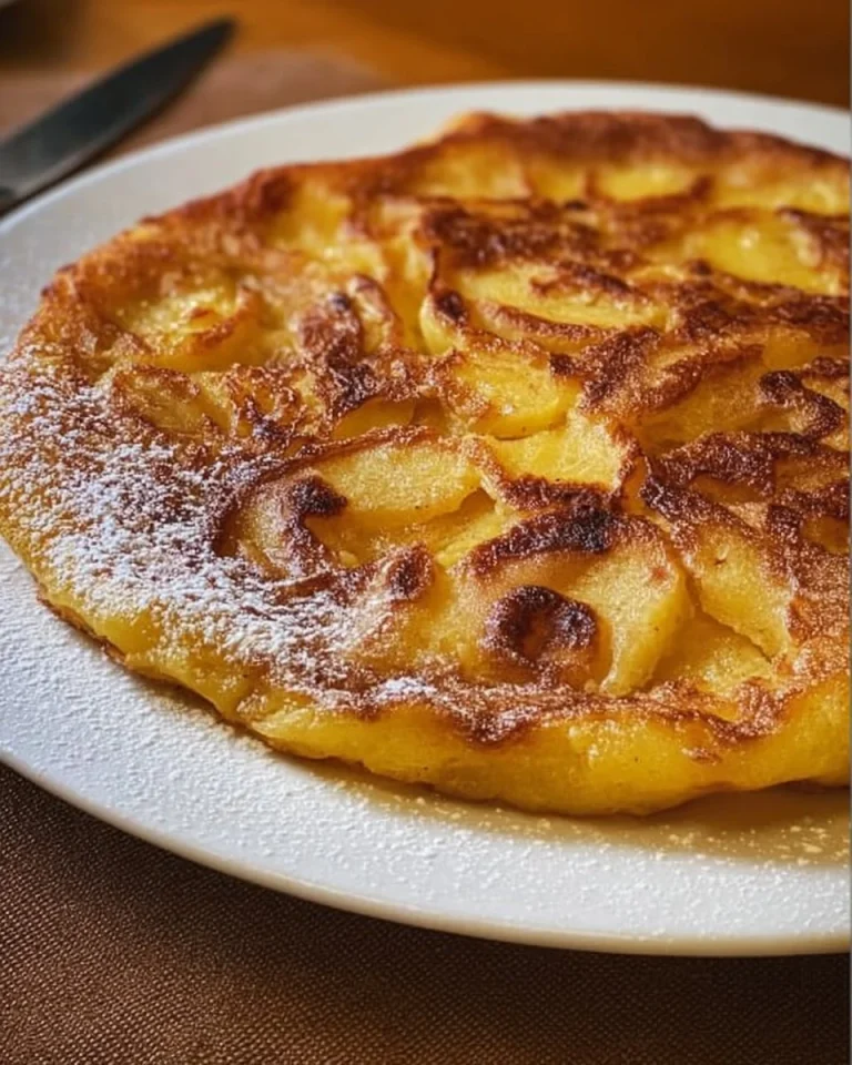 Leckere Apfelpfannekuchen mit Äpfeln und Zimt serviert auf einem Teller.