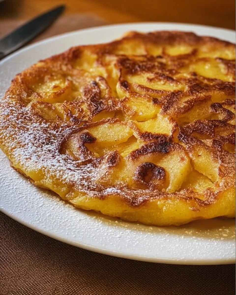 Leckere Apfelpfannekuchen mit Äpfeln und Zimt serviert auf einem Teller.