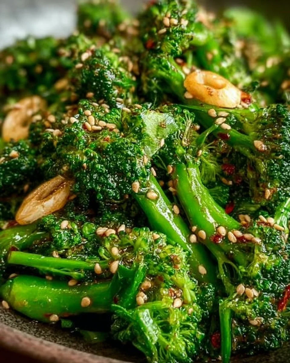 Asiatischer Brokkoli mit Sesam in einem ansprechenden Teller serviert.