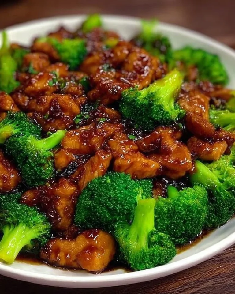 Asiatisches Hähnchen mit Brokkoli auf einem Teller serviert