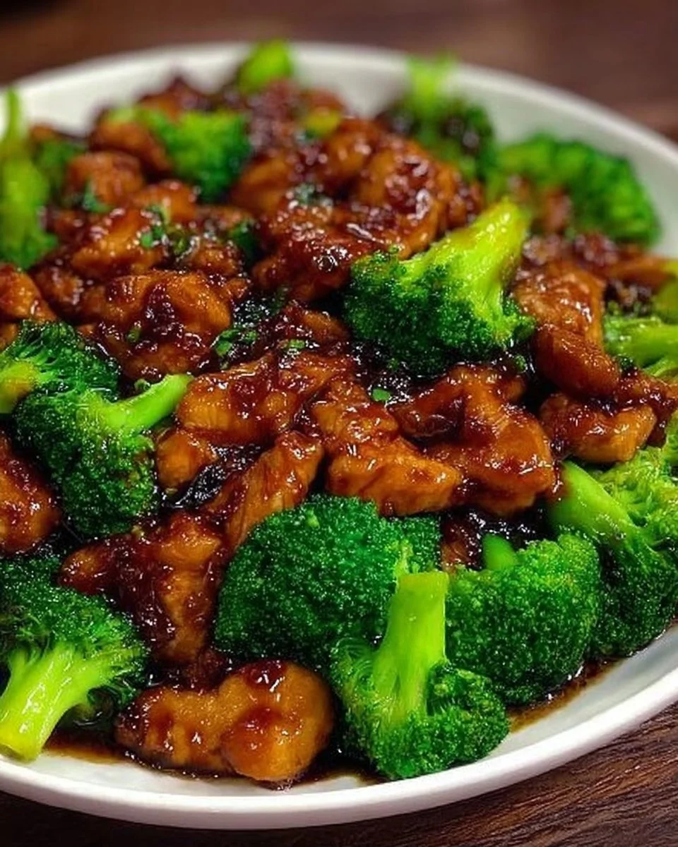 Asiatisches Hähnchen mit Brokkoli auf einem Teller serviert