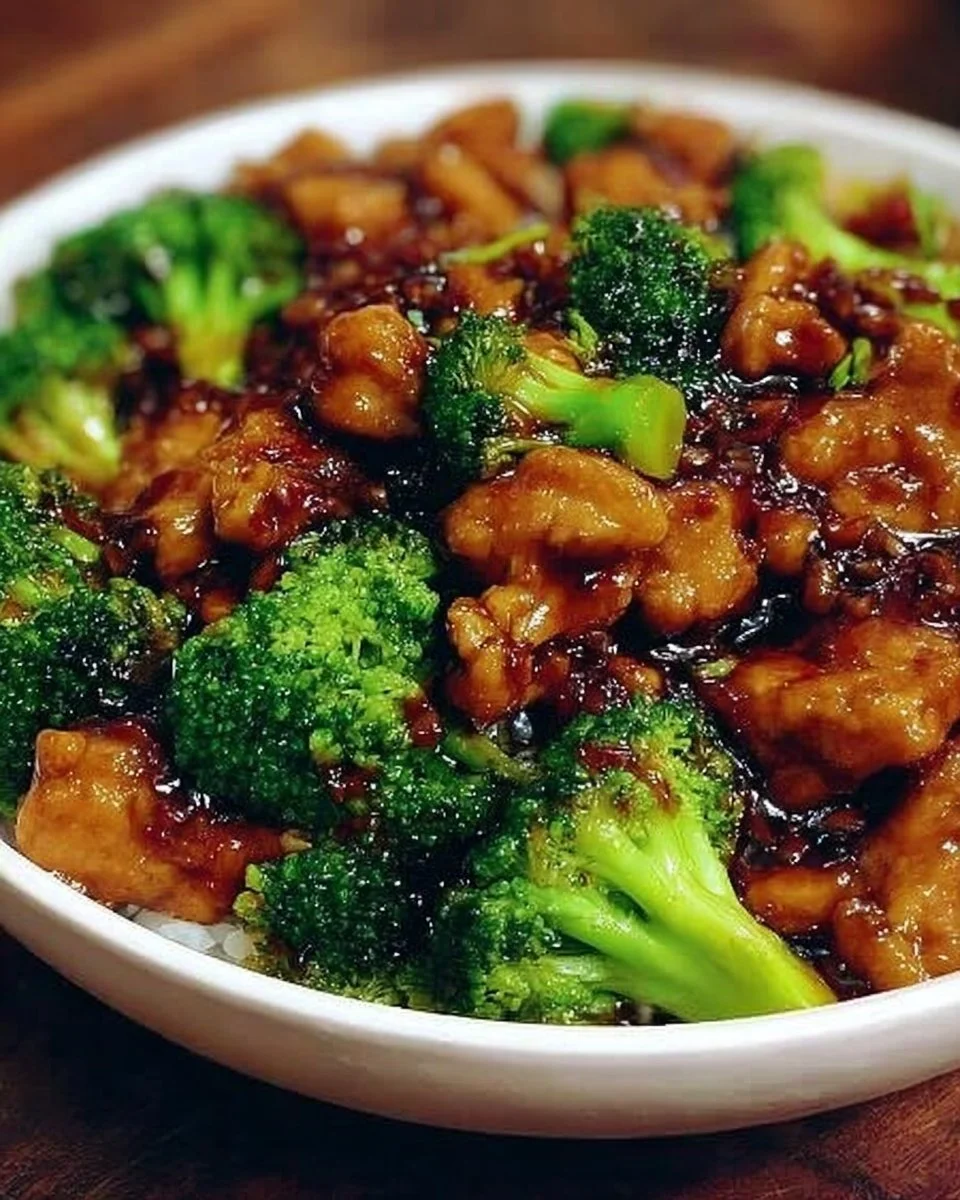 Asiatisches Hühnchen mit Brokkoli auf einem Teller serviert.