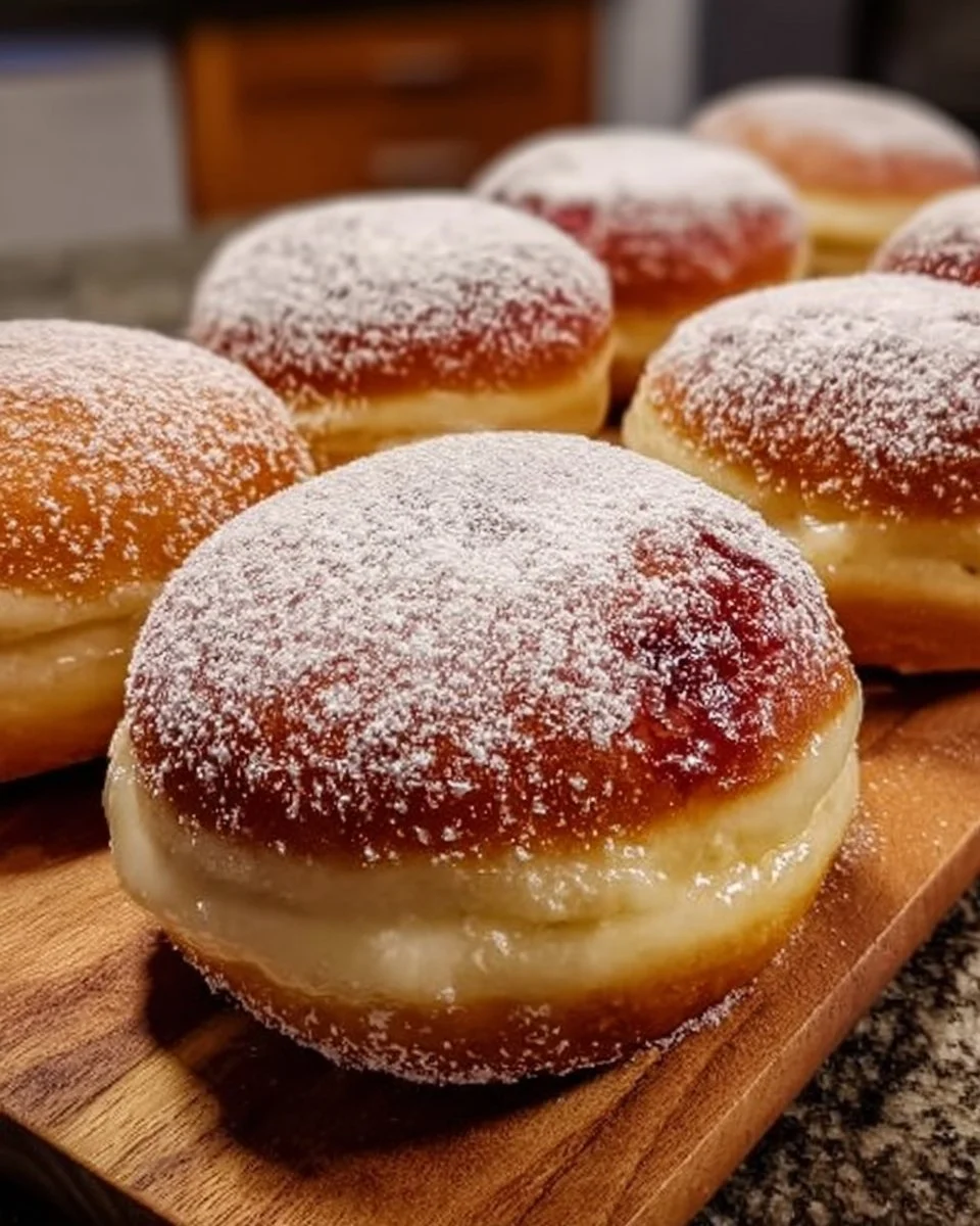 Leckere Berliner Krapfen, frisch gebacken und mit Zucker bestäubt