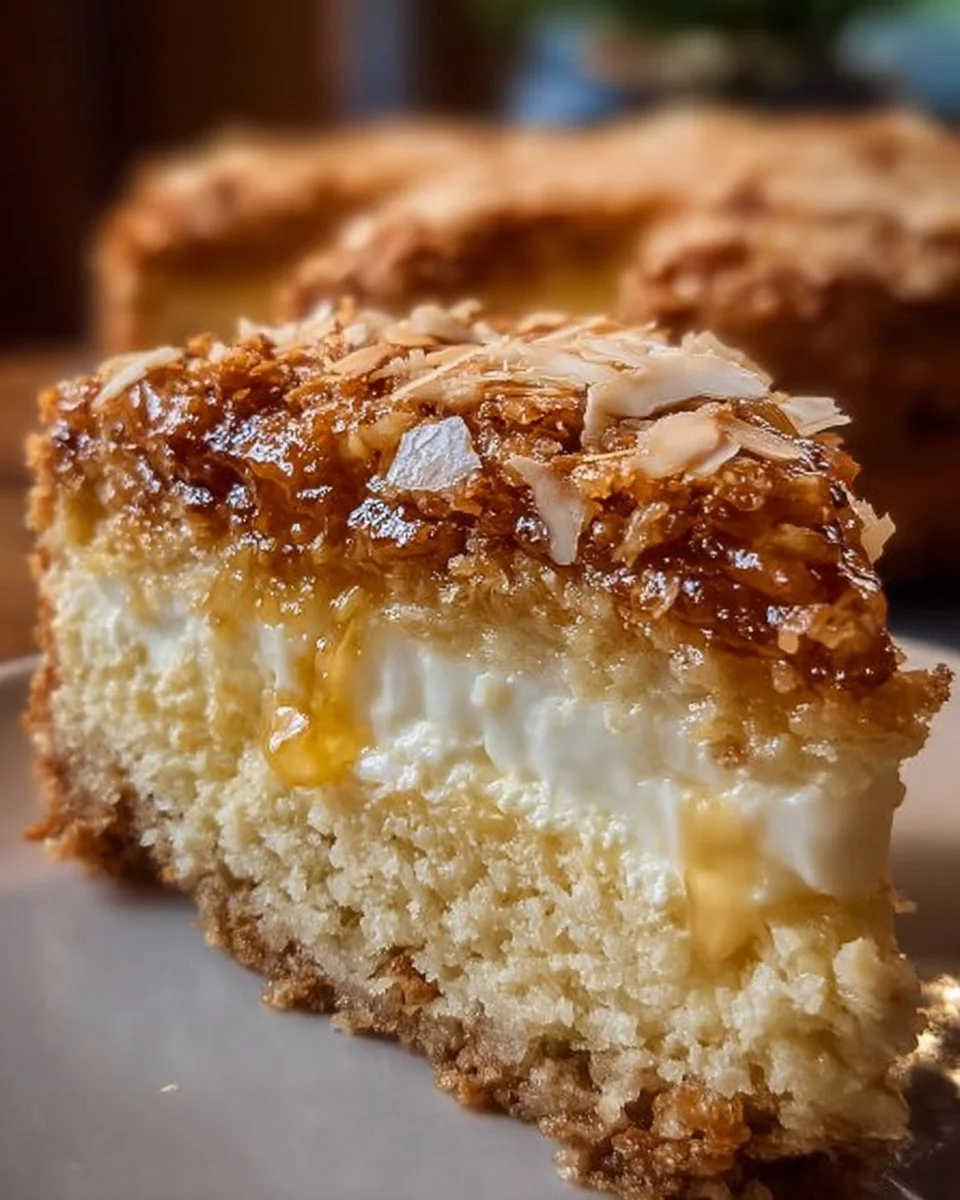 Bienenstich Kuchen mit Mandelbelag und Vanillepudding-Füllung auf einem Tisch