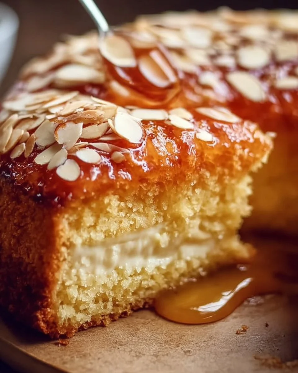 Leckeres Stück Bienenstich mit Honig und Mandeln auf einem Teller