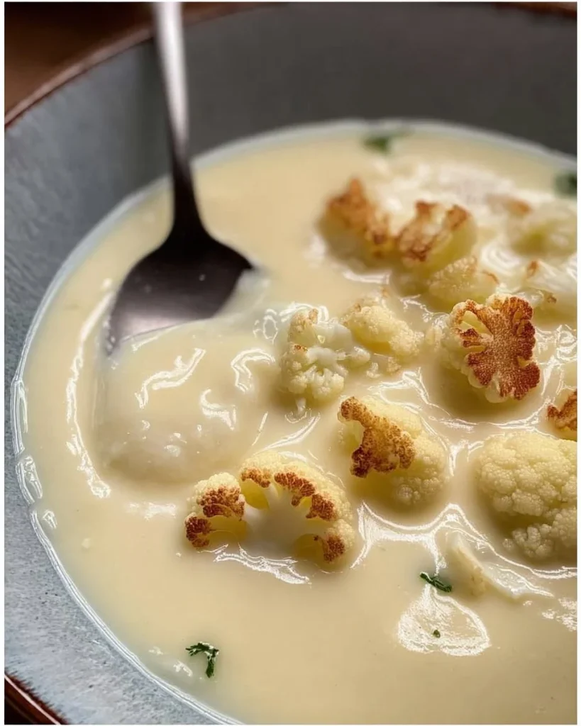 Cremige Blumenkohlsuppe mit Sahne in einer Schüssel serviert