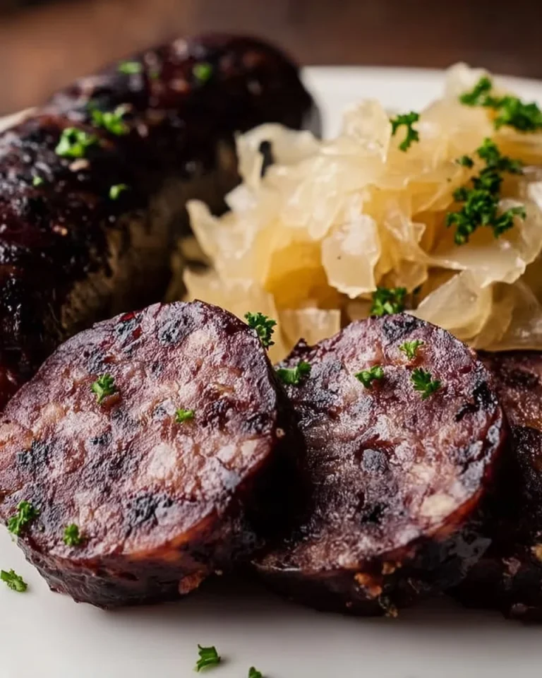 Schüssel mit Blutwurst und Sauerkraut, traditionelles deutsches Gericht