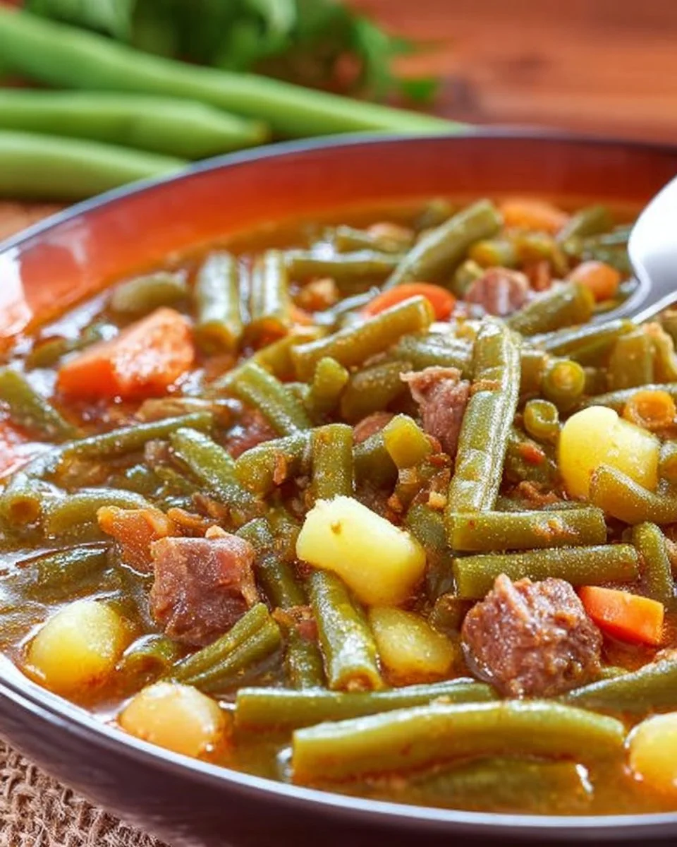 Bohneneintopf mit grünen Bohnen serviert in einer Schüssel mit frischen Kräutern