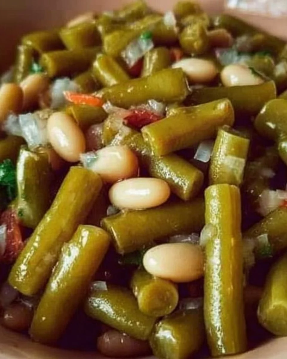 Frischer Bohnensalat mit buntem Gemüse und Dressing