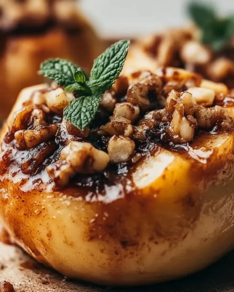 Leckerer Bratapfel mit Nüssen und Gewürzen, serviert auf einem rustikalen Holzbrett.