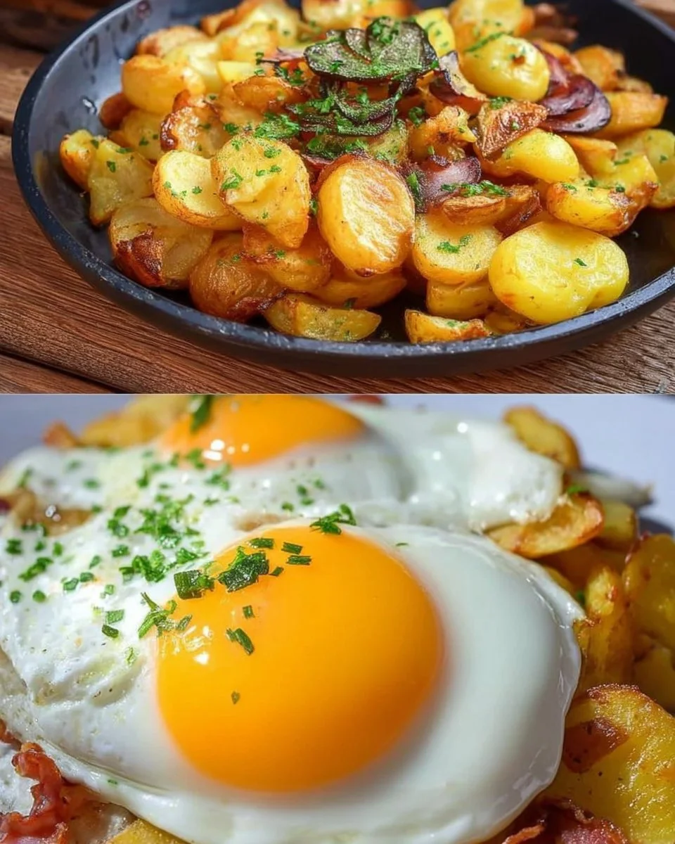 Bratkartoffeln mit Ei und Käse auf einem Teller serviert