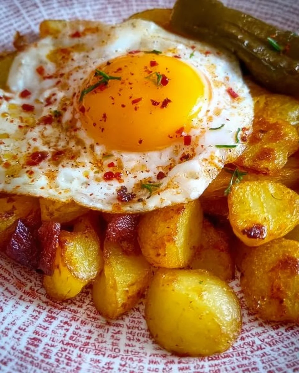 Bratkartoffeln mit Spiegelei auf einem Teller serviert