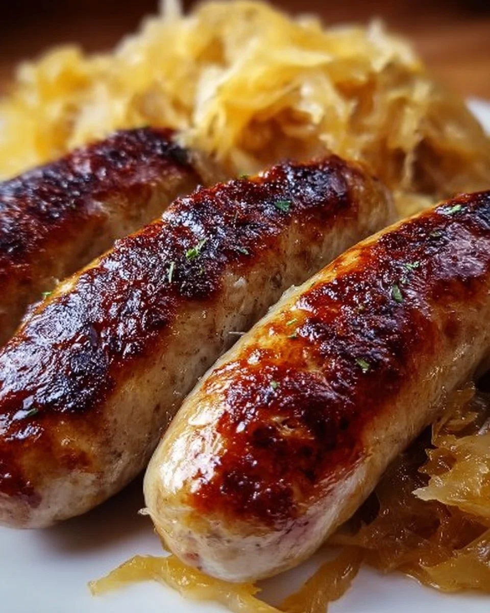 Bratwurst serviert mit Sauerkraut auf einem Teller