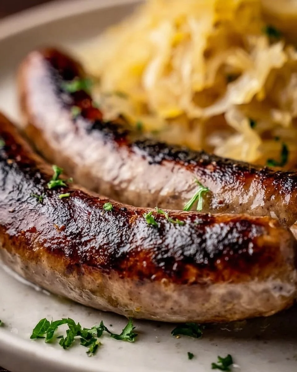 Bratwurst mit Sauerkraut auf einem Teller serviert
