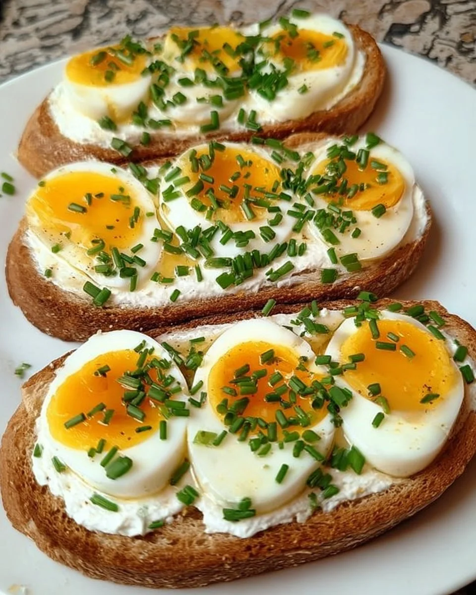 Leckeres Brot mit Ei und frischem Schnittlauch auf einem Teller
