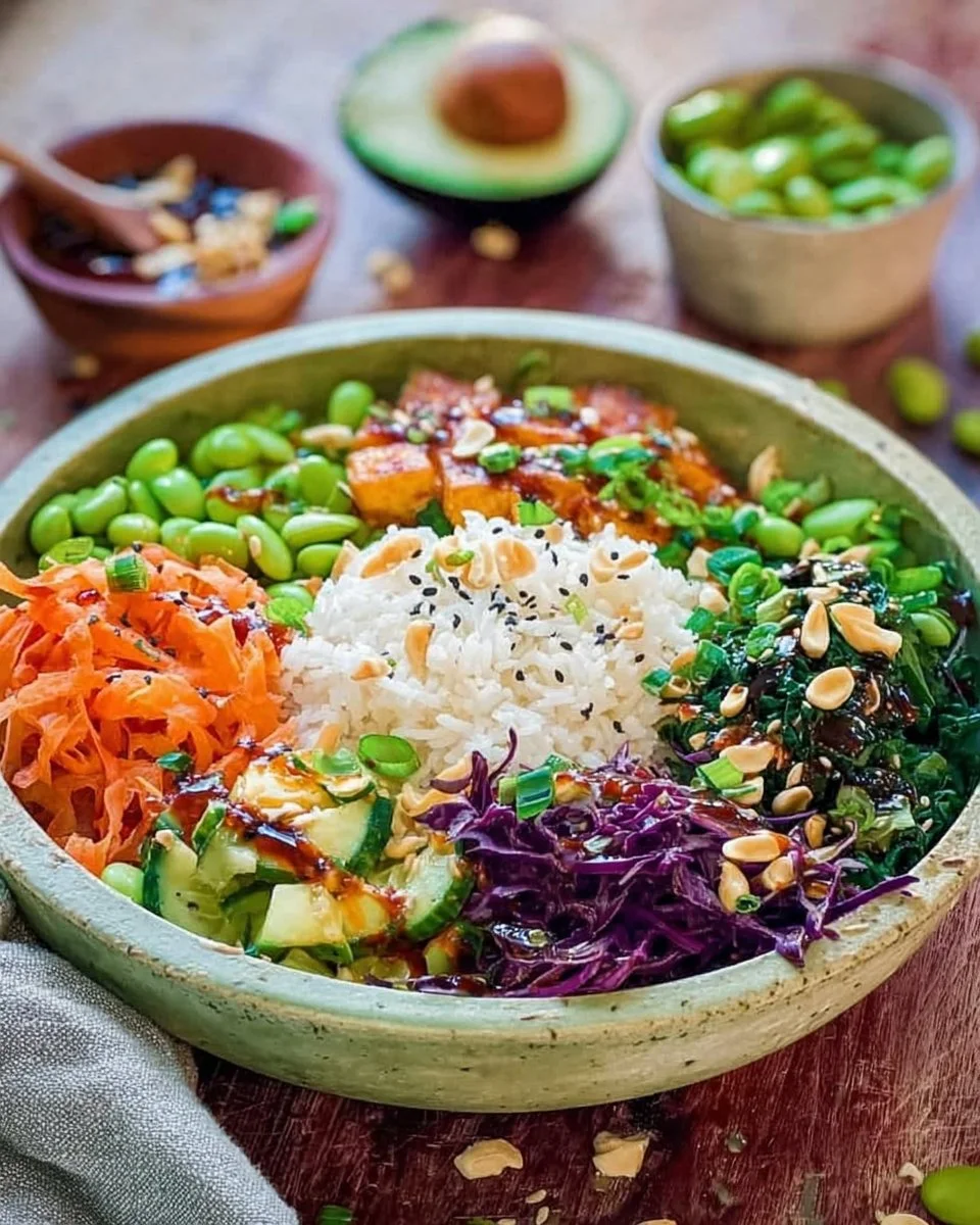 Buddha Bowl mit Reis, Gemüse und frischen Zutaten