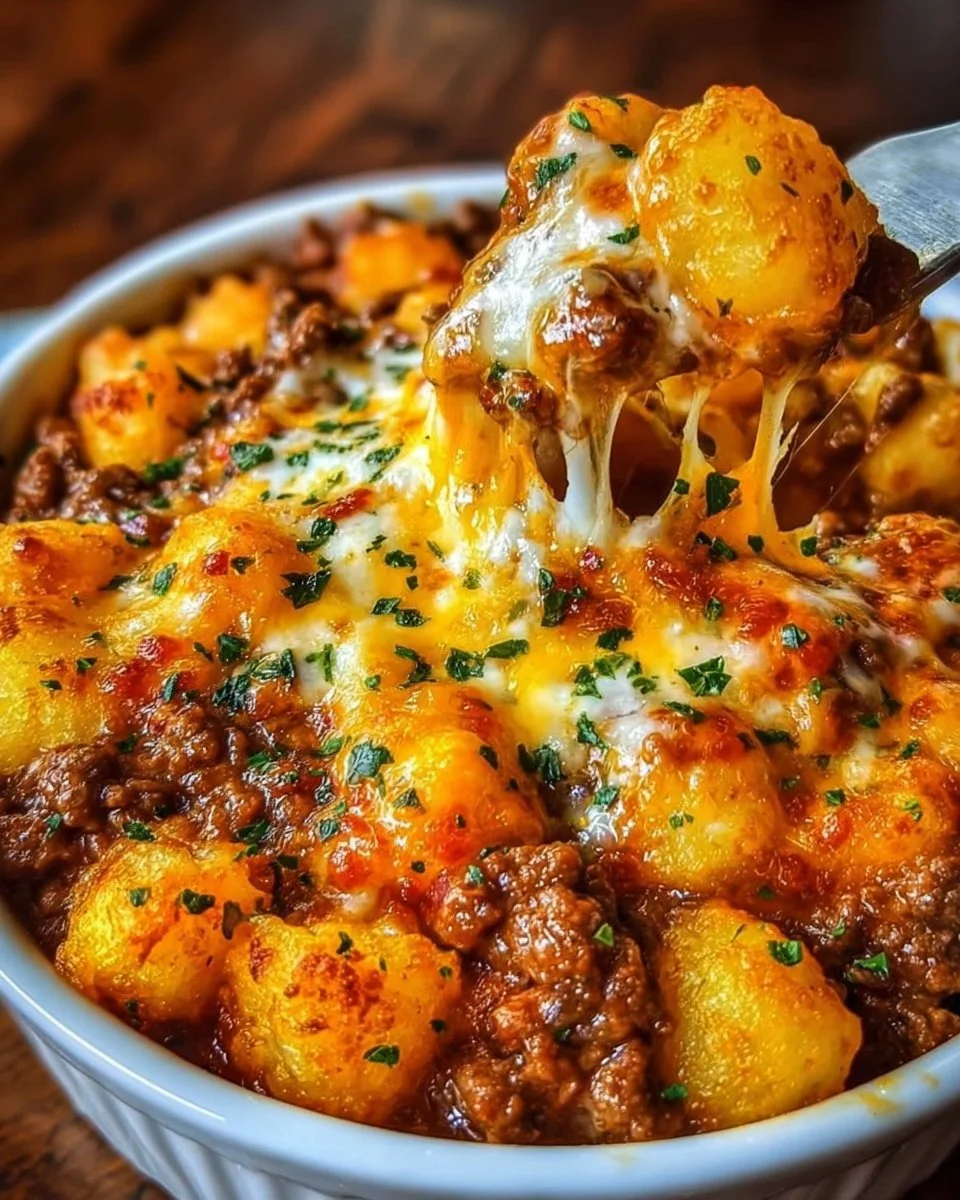 Cowboy-Kartoffel-Rindfleisch-Auflauf auf einem Teller serviert