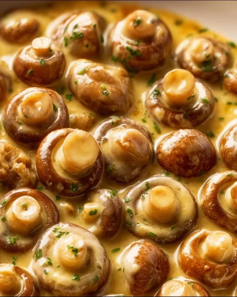 Cremige Champignons in Knoblauchsauce auf einem Teller serviert