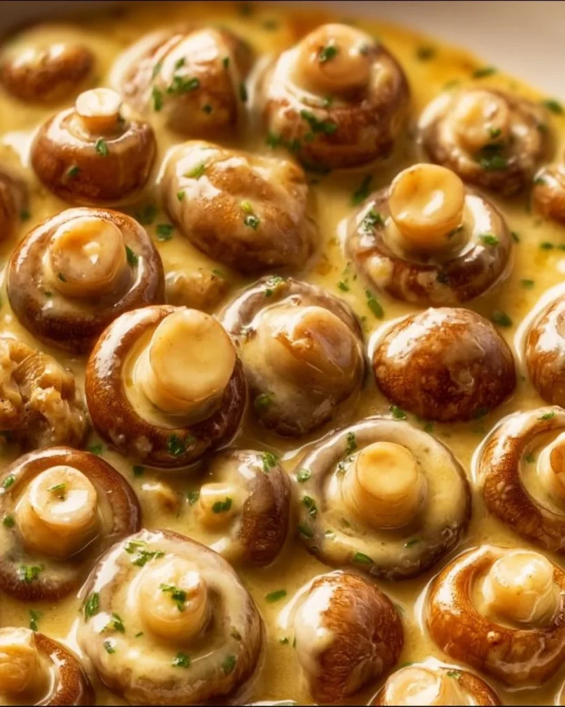 Cremige Champignons in Knoblauchsauce auf einem Teller serviert