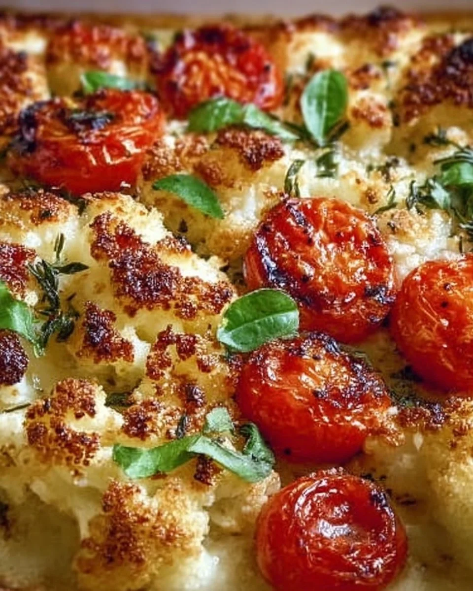 Cremiger gebackener Blumenkohl mit Mozzarella und frischen Tomaten im Ofen zubereitet