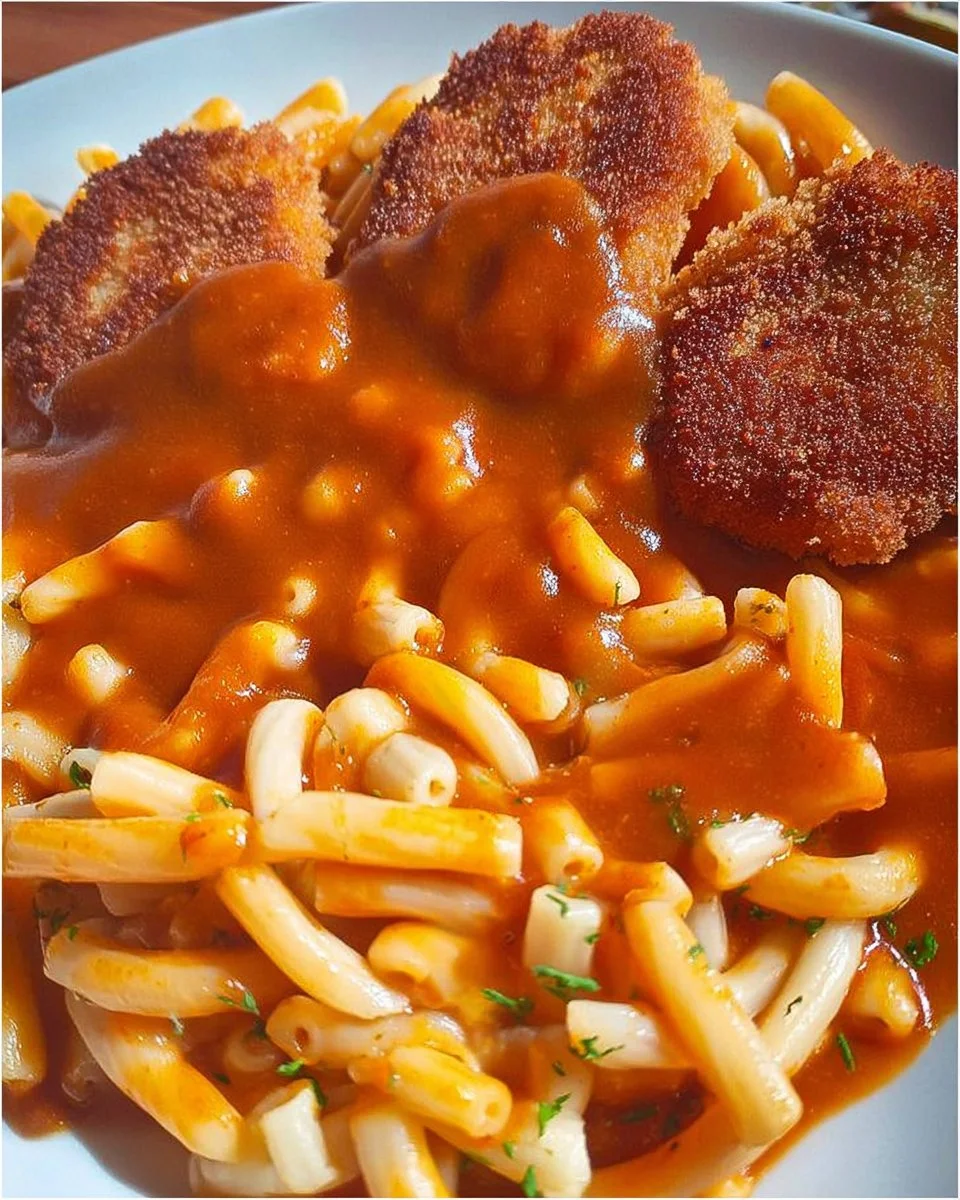 DDR Makkaroni mit Tomatensoße und Jägerschnitzel auf einem Teller